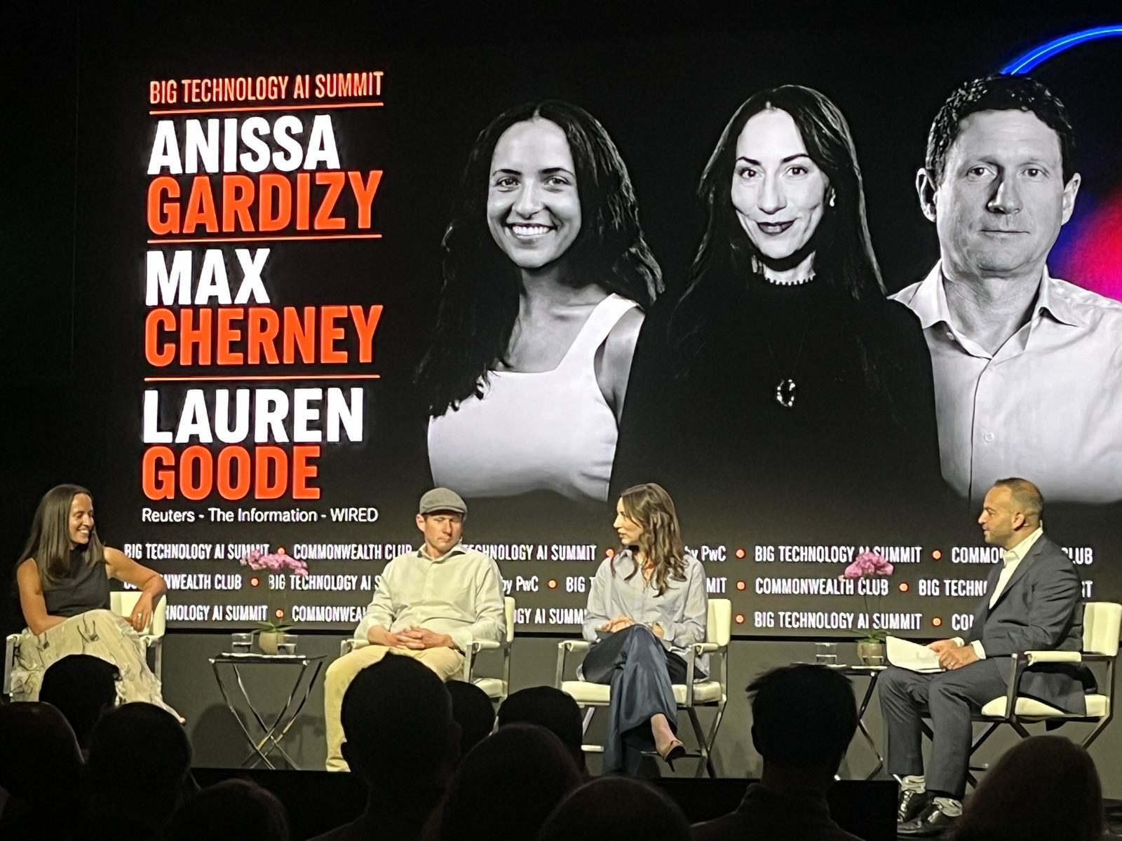 Reporters Anissa Gardizy, Max Cherney and Lauren Goode on stage, names on screen