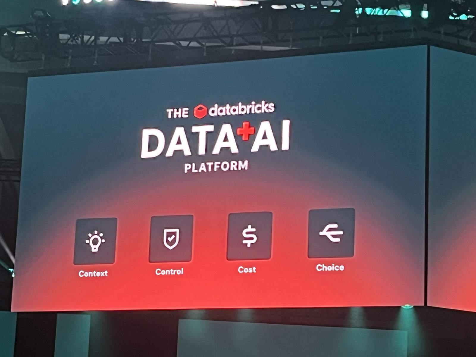 Slide: Databricks Data and AI platform med fire ord, context, control, cost, choice