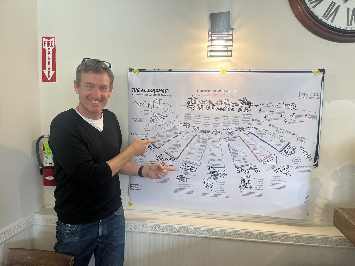 Ole pointing at the hand-drawn AI Roadmap poster, Draft 12, for the Center for Humane Technology